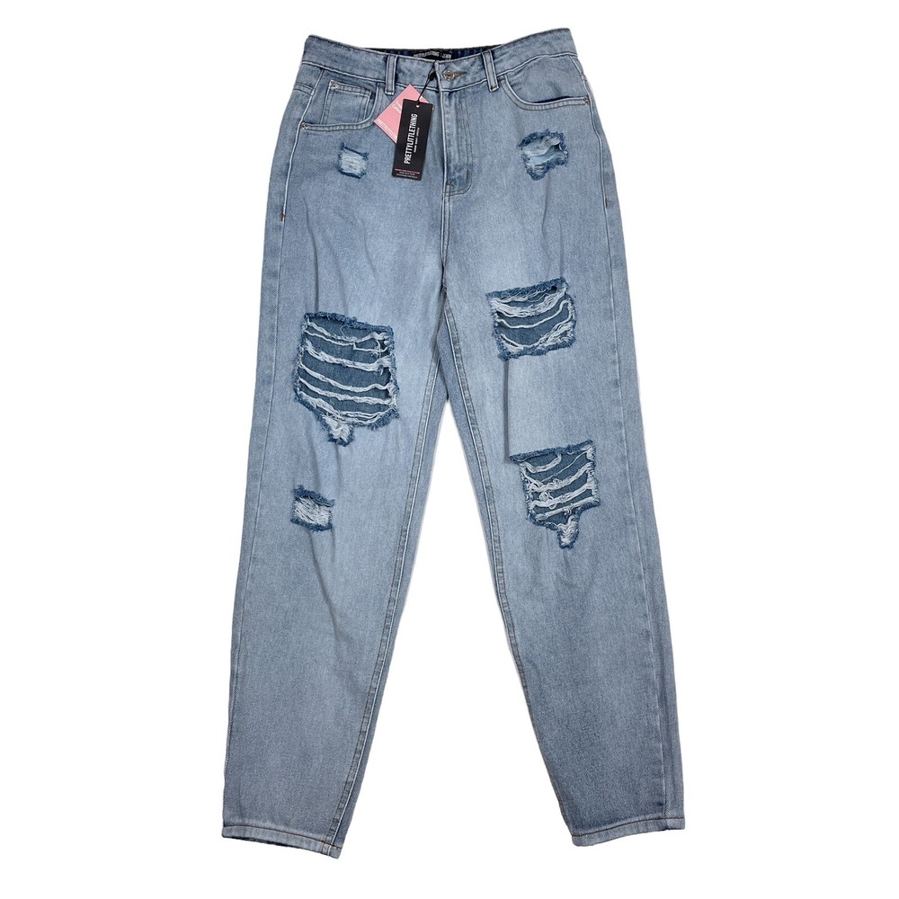 Pretty Little Thing Mom Jeans Women's Size 6 High Waist Ripped‎ Light Wash NEW